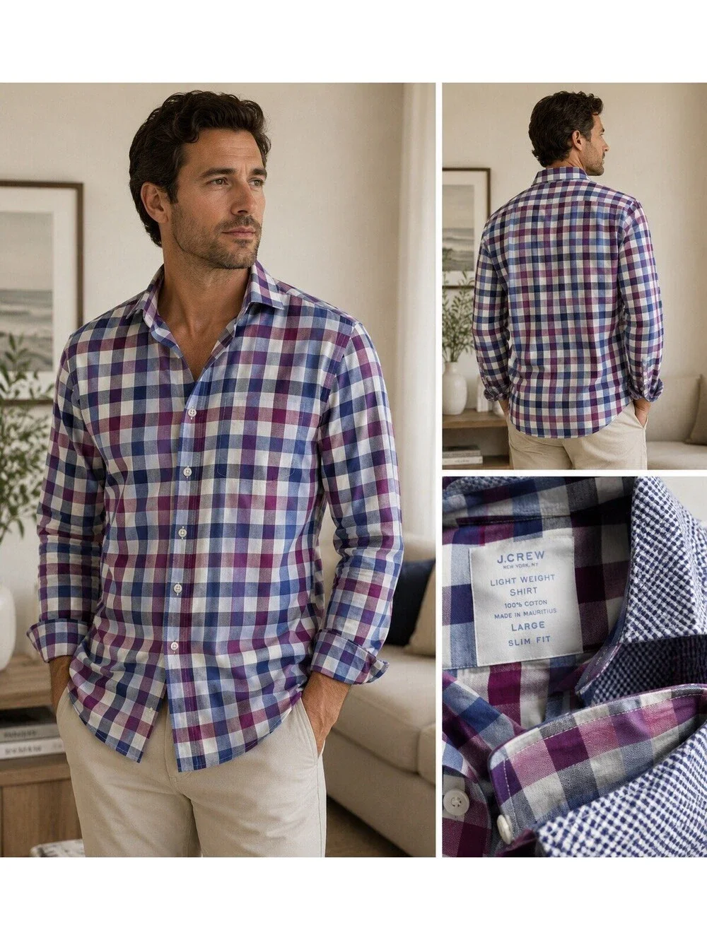 J. Crew Men’s Large Slim Fit Lightweight Cotton Plaid Button Down Shirt